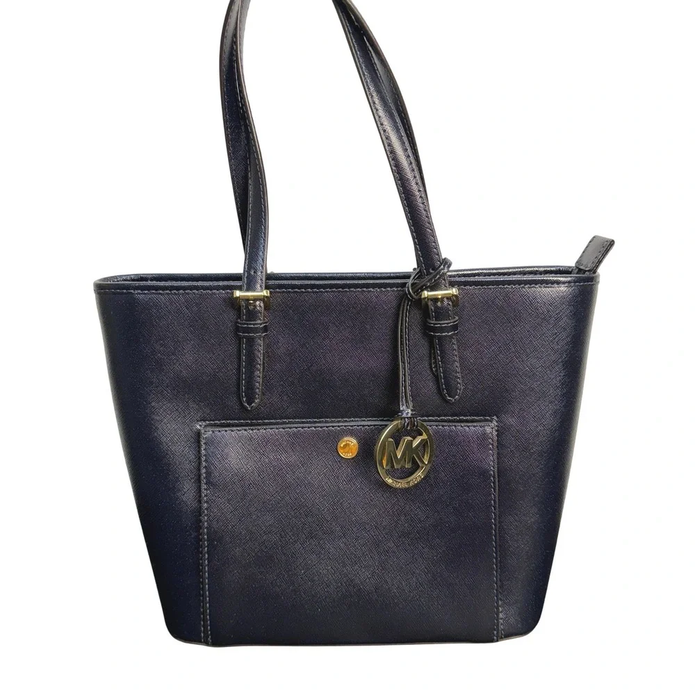 MICHAEL KORS Navy Jet Set Medium Top Zip Pocket Tote Shoulder Bag